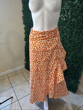 Orange Floral Ruffle Maxi Skirt